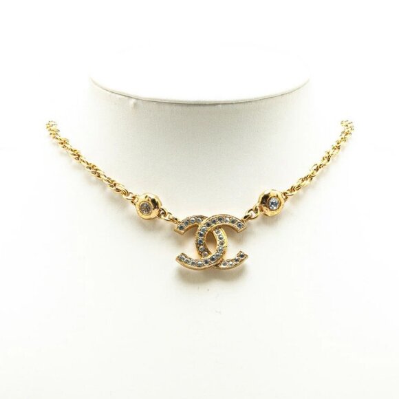 CHANEL CC Logos Rhinestone Necklace 19" Gold Tone Auth w/Box #07708 - Picture 1 of 6